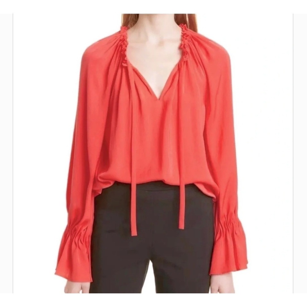 Kobi Halperin Women Tie Neck Ruffle Cuff Blouse Sz L Red Luxury Date Night Chic